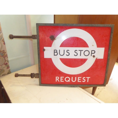 74 - A double sided, enamelled sign  'Bus Stop Request' white-on-red  17