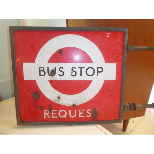 74 - A double sided, enamelled sign  'Bus Stop Request' white-on-red  17