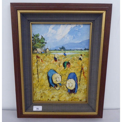 76 - Tone - figures working in a field  oil on board  bears a signature  9.5