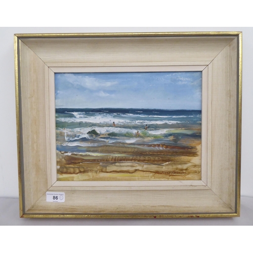 86 - Pauline Brown - 'Incoming Tide, Westward-Ho, Devon'  oil on board  bears a signature &... 