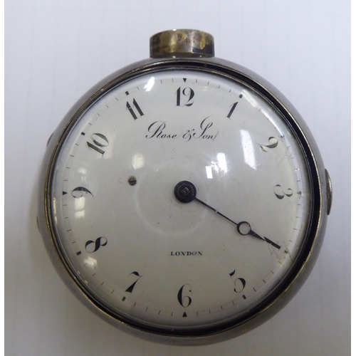 254 - A late 18thC silver pair cased pocket watch, the movement inscribed Rose & Son, London, faced by... 