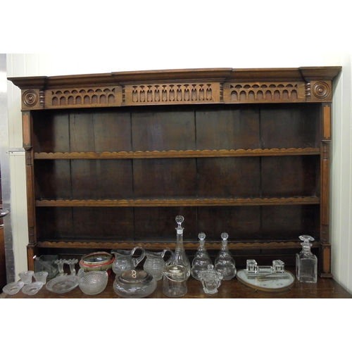 308 - A George III mahogany inlaid oak breakfront dresser with a three tier plate rack, over six drawers a... 