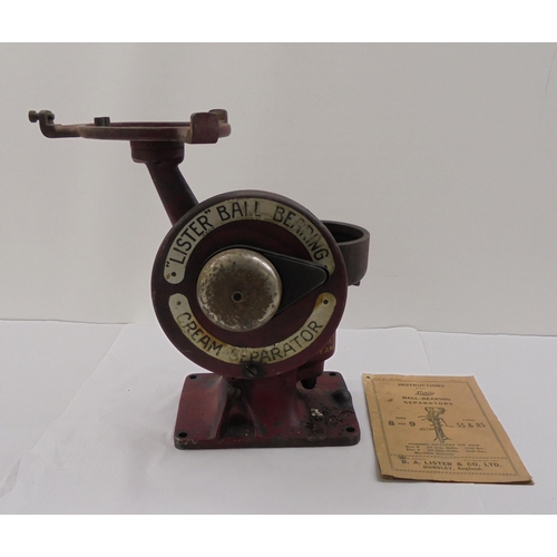 130 - A vintage Lister Ball bearing cream separator cast iron machine with original operating instructions... 