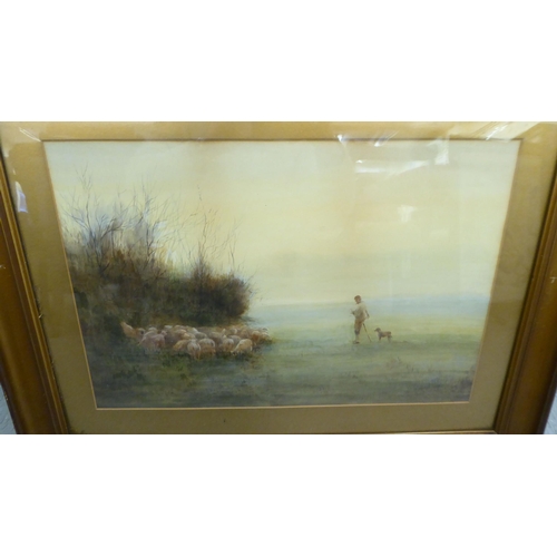 160 - Framed pictures and prints: to include ED - a Shepherd, his dog and sheep in a field  watercolour  b... 