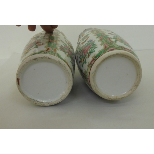 164 - Two similar Chinese Canton Export porcelain vases with overlaid ornament, decorated in panels with s... 