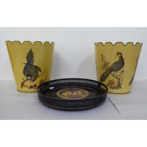 109 - A pair of Tenniue lacquered metal waste paper bins, decorated with peacocks  12