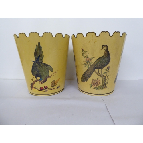 109 - A pair of Tenniue lacquered metal waste paper bins, decorated with peacocks  12