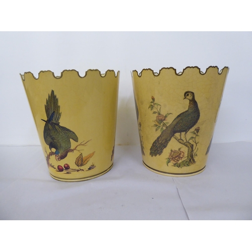 109 - A pair of Tenniue lacquered metal waste paper bins, decorated with peacocks  12