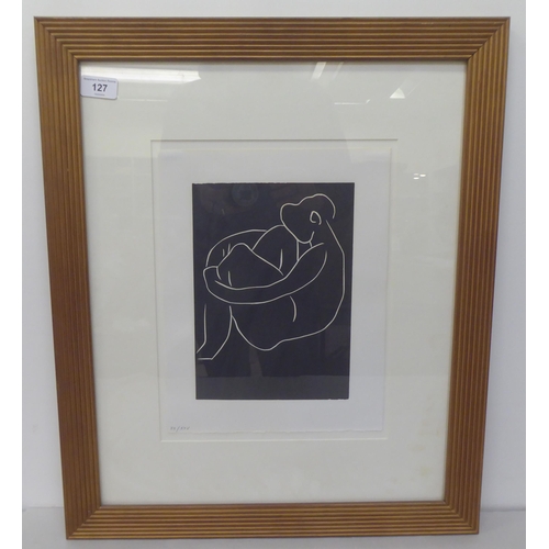 127 - After Henri Matisse - 'Nude Crouching No.2'  Limited Edition XII/XXV numbered in pencil  white on bl... 