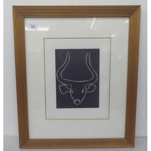 128 - After Henri Matisse - 'Head of a Bull No.2'  Limited Edition XII/XXV numbered in pencil  white on bl... 