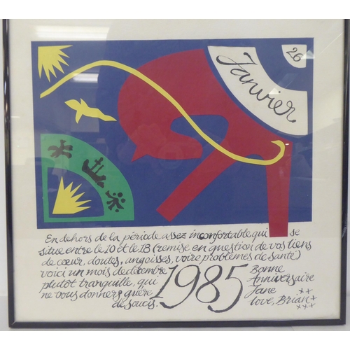 129 - An anniversary/birthday card, depicting astrology signs for Aquarius and dated 26 January 1985  28