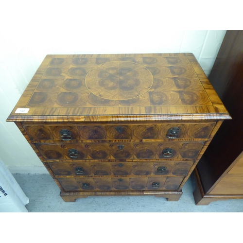 140 - An 18thC style crossbanded string inlaid and oyster veneered chest, comprising five graduated drawer... 