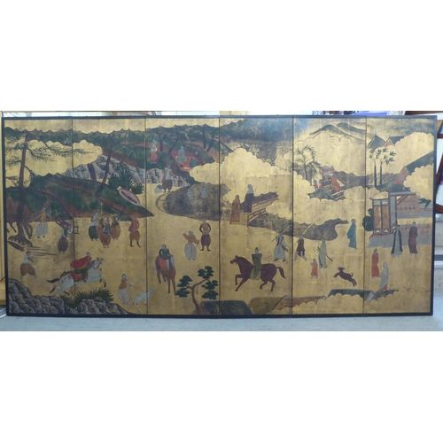 166 - 20thC six part painted screen, featuring figures on horseback and others, in garden settings  3... 