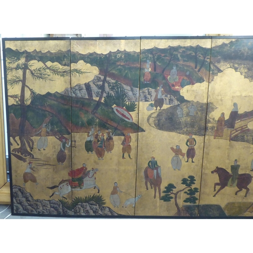 166 - 20thC six part painted screen, featuring figures on horseback and others, in garden settings  3... 