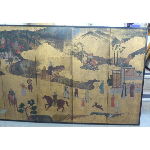 166 - 20thC six part painted screen, featuring figures on horseback and others, in garden settings  3... 