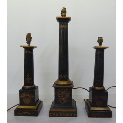 172 - Three identical lacquered green and gilded pillar design table lamps  comprising a pair 17