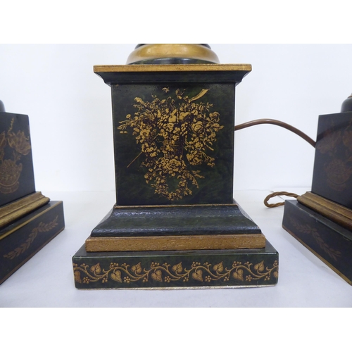 172 - Three identical lacquered green and gilded pillar design table lamps  comprising a pair 17