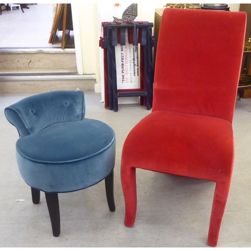 178 - A modern fully upholstered pillar box red bedroom chair with a high back and overstuffed seat; and a... 