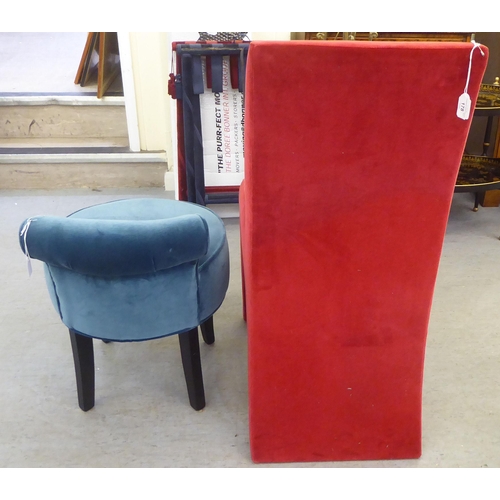 178 - A modern fully upholstered pillar box red bedroom chair with a high back and overstuffed seat; and a... 