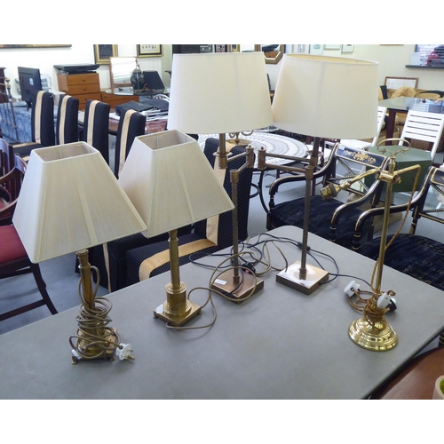 180 - Five dissimilar lacquered brass and burnished steel desk and table lamps: to include a pair with adj... 