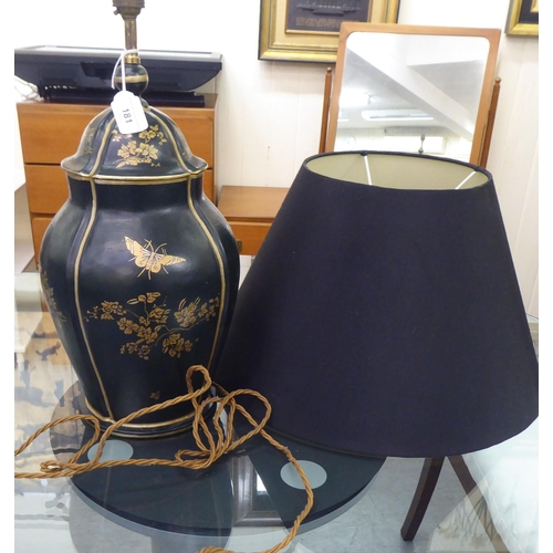 181 - A 19thC style black lacquered and gilded covered, baluster vase design table lamp  19