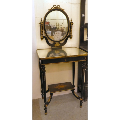 182 - A 19thC style black lacquered dressing table with gilt metal mounts, comprising an oval pivoting mir... 