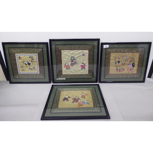 183 - A series of four 20thC Chinese silk pictures, variously featuring children and pandas  10