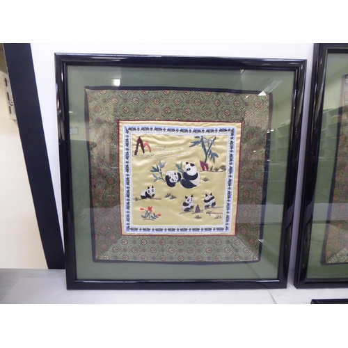 183 - A series of four 20thC Chinese silk pictures, variously featuring children and pandas  10