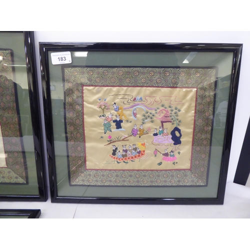 183 - A series of four 20thC Chinese silk pictures, variously featuring children and pandas  10