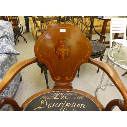 197 - An Edwardian style mahogany and marquetry elbow chair with a solid back and open arms, the upholster... 