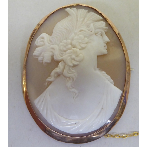 202 - A 9ct gold framed oval cameo brooch, carved with a head and shoulders profile portrait 