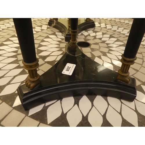 208 - A pair of black painted steel and brass vase stands, in neo-classical taste with clear glass liners,... 