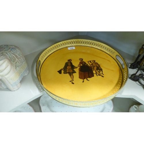 216 - A mixed lot: to include a painted serving tray, decorated with figures  signed Thomas Goode&nbs... 