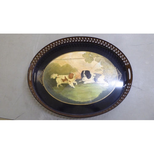 220 - A mixed lot: to include a painted tin tray, decorated with two dogs  23