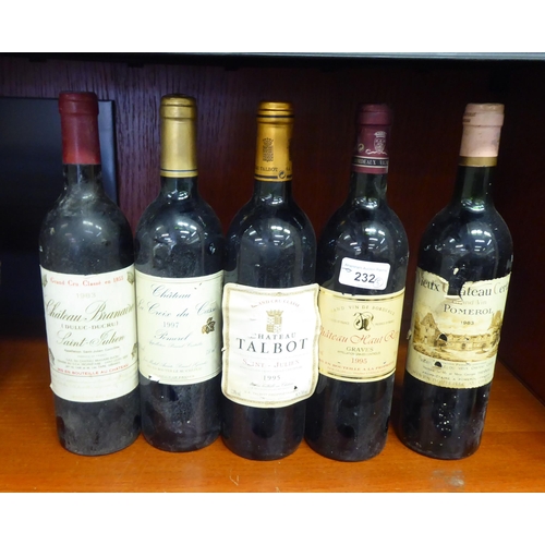 232 - Five bottles of wine, viz. Chateau Talbot  1995; Chateau Haut Reys  1995; Chateau Certan&n... 