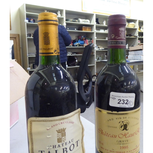 232 - Five bottles of wine, viz. Chateau Talbot  1995; Chateau Haut Reys  1995; Chateau Certan&n... 