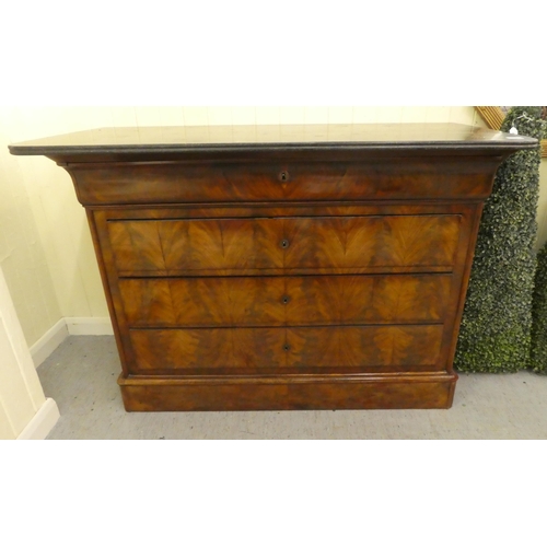 257 - A 19thC design mahogany commode with a black marble top, over four long drawers, on a plinth  3... 