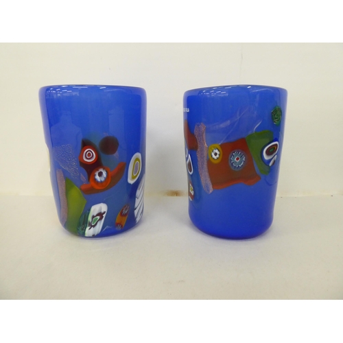 68 - Two similar Murano glass beakers, decorated geometric patterns of a deep blue ground  boxed