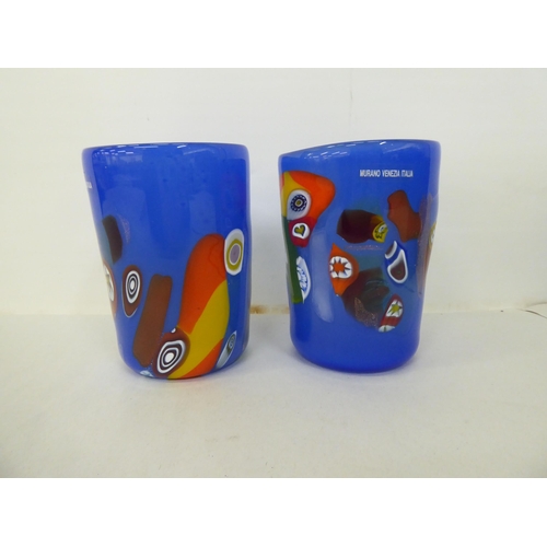 68 - Two similar Murano glass beakers, decorated geometric patterns of a deep blue ground  boxed