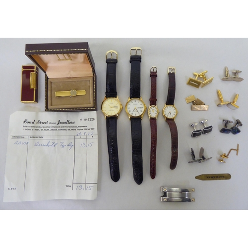 86 - Modern wristwatches; a Dunhill gas filled, red enamel and yellow metal cigarette lighter; and a Dunh... 