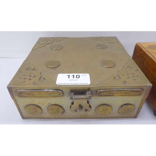 110 - A mixed lot: to include a Chinese lacquered brass box with applied ornament  2.5