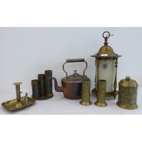 141 - Metalware: to include an Arts & Crafts style lacquered brass lantern with an opaque shade  ... 