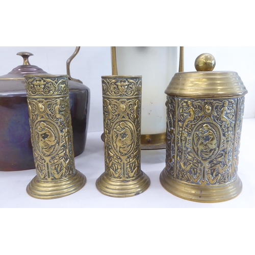 141 - Metalware: to include an Arts & Crafts style lacquered brass lantern with an opaque shade  ... 