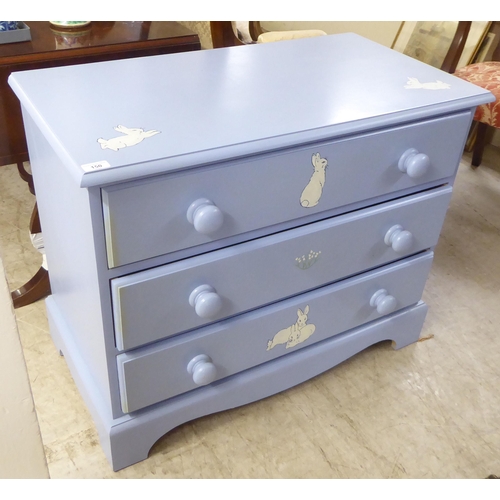 150 - A modern light blue painted and rabbit decorated, three drawer dressing chest, raised on bracket fee... 