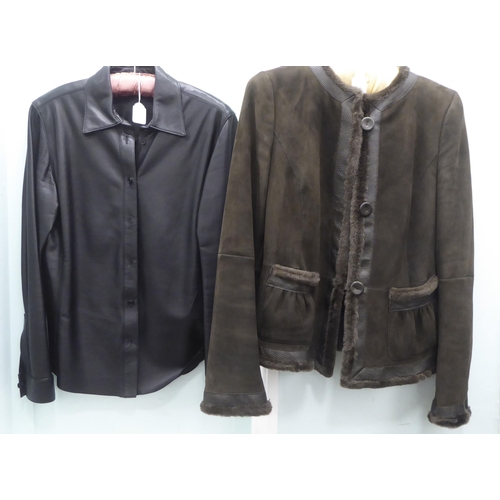 208 - A lady's Jaeger black leather shirt  size 12; and an Armani Collezioni brown suede jacket ... 