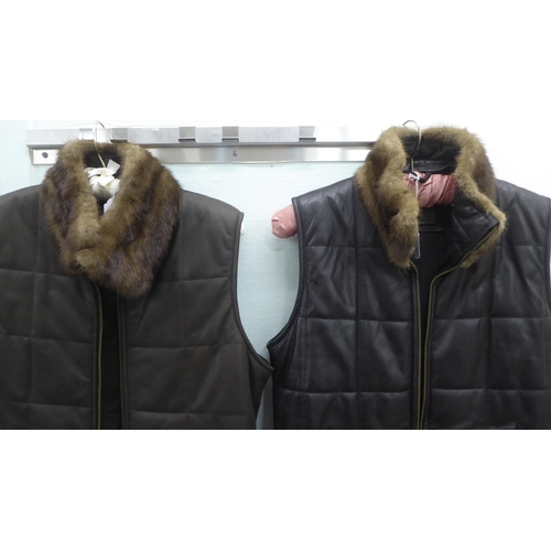 223 - Two ladies Hide Park leather gilet, one in brown, the other black, both with mink collar trim  ... 