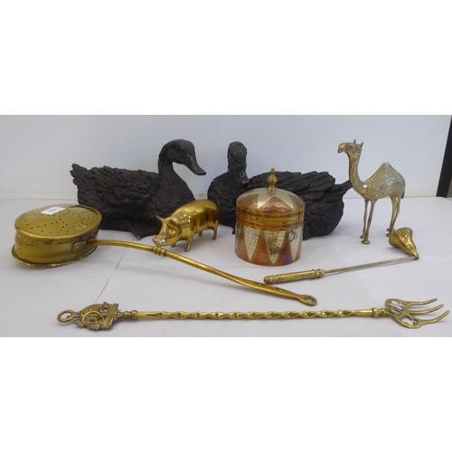 270 - A mixed lot: to include functional 20thC metalware and two composition model ducks  7