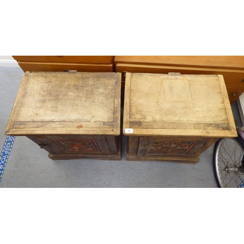 301 - Two similar rustically constructed hardwood single drawer bedside chests, on a bracket plinth  ... 