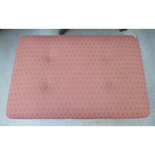 325 - An early 20thC and later fabric upholstered, cushioned top footstool, raised on turned mahogany legs... 