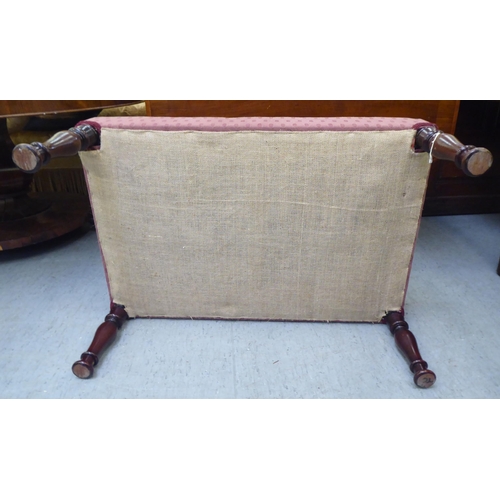 325 - An early 20thC and later fabric upholstered, cushioned top footstool, raised on turned mahogany legs... 